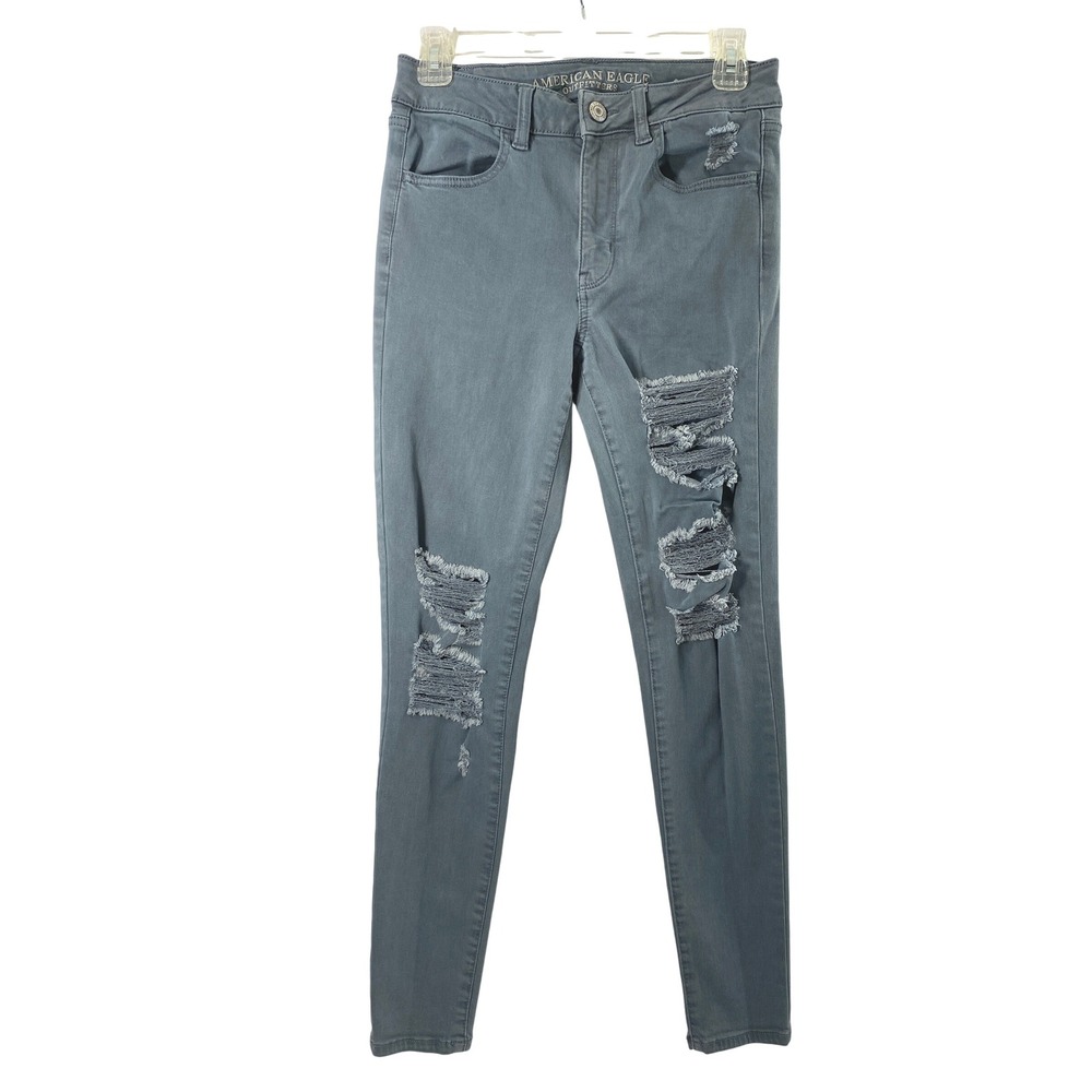 American Eagle Gray Ripped Distressed High Waist Super Stretch X Jeans Womens 6